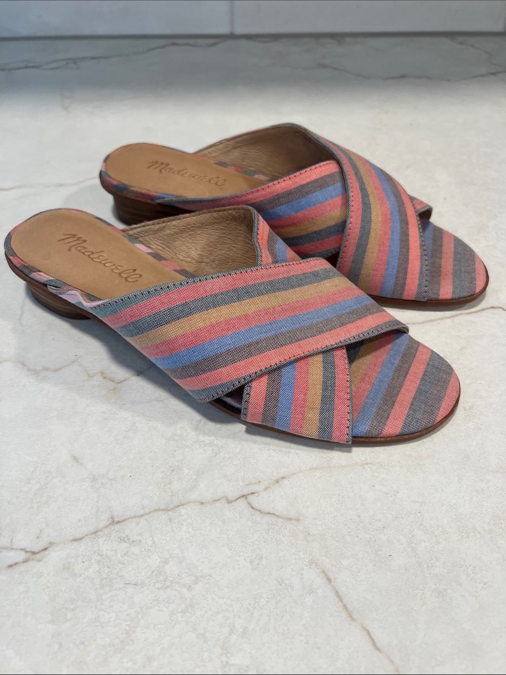 Madewell Striped Cross-Band Slide Mules — Coral, Blue & Tan